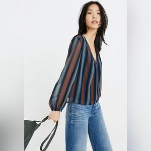Madewell Long Puff Sleeve V-Neck Top in Academy Stripe Chiffon